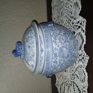 Blue and White Floral Ceramic Jar with Lid